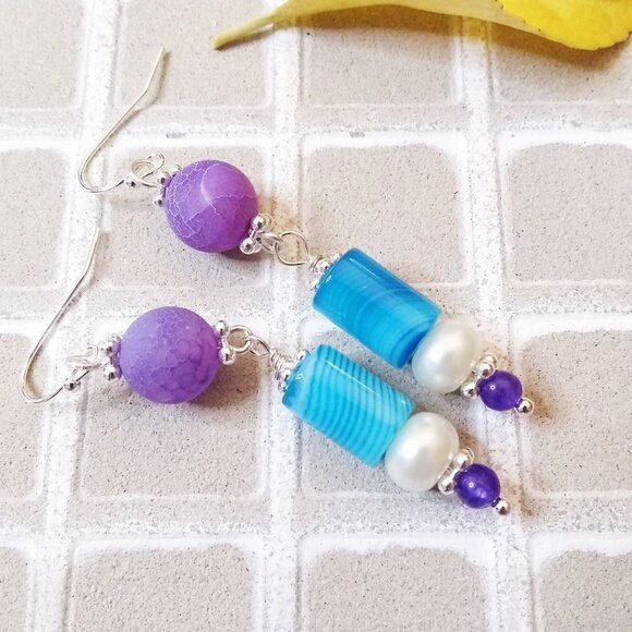Upscale Pearls + Gemstone Beaded Dangle Summer Earrings! Colorful! Spunky! Boho! - Picture 4 of 8